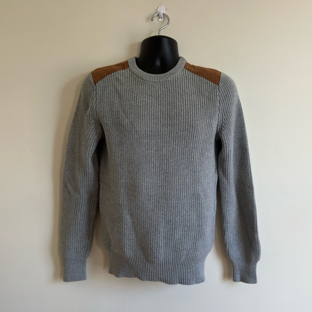 J Crew Sweater Men's Gray Knit Shoulder Patches Crewneck Pullover Military Sz S